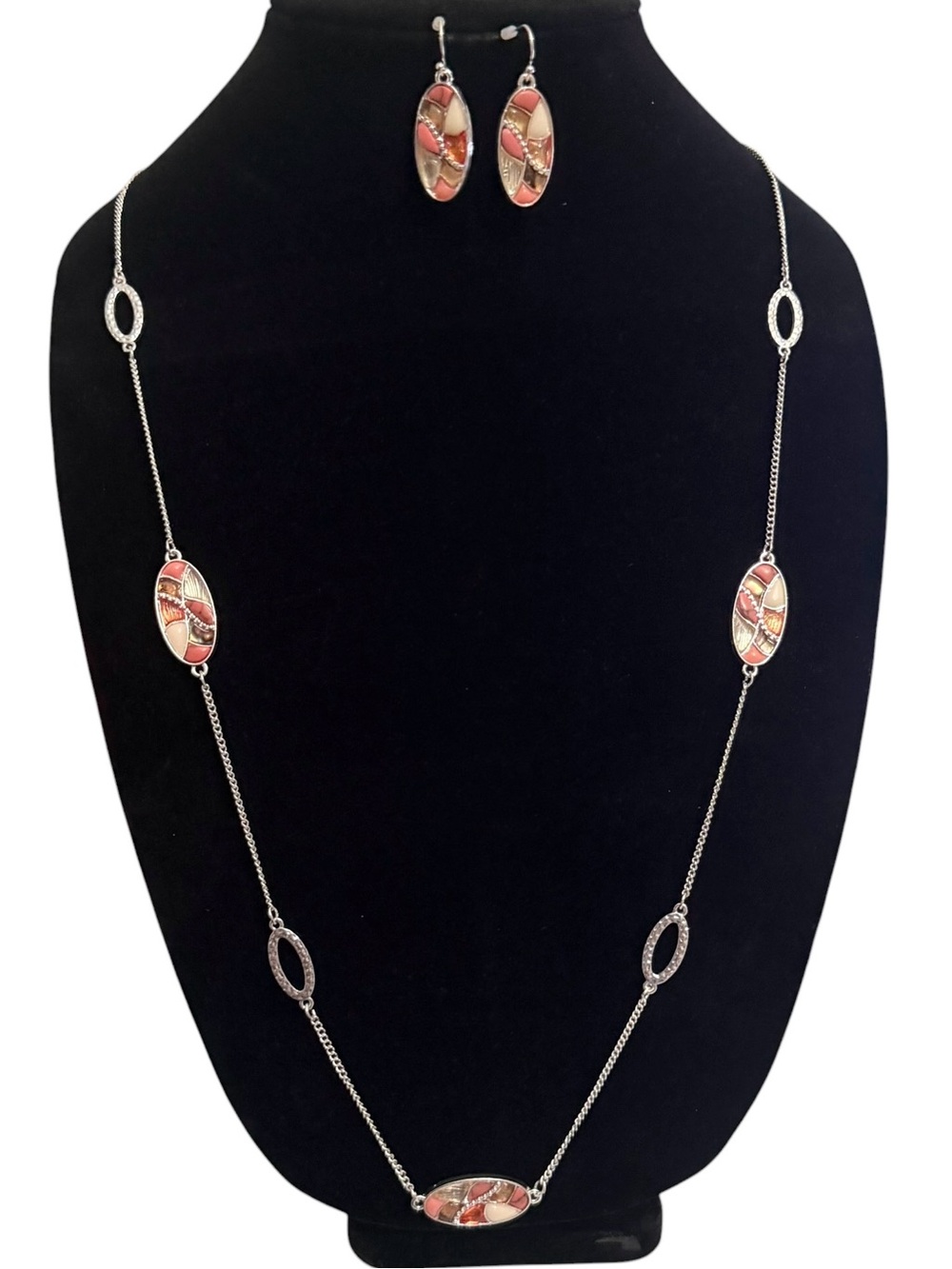 Necklace & Earrings Set Mosaic Pink White Silver